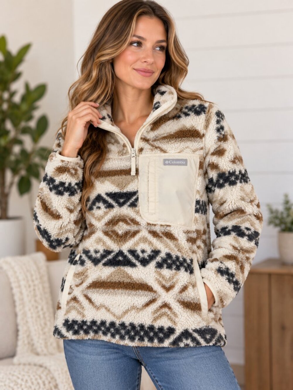 Columbia Sherpa Fleece Pullover Aztec Geometric Print Medium